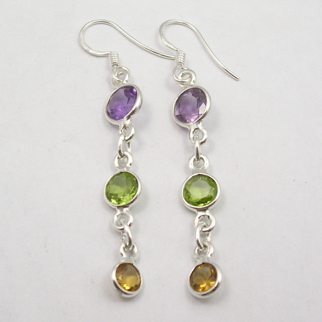 Cercei Argint 925 cu Ametist,Citrin si Peridot, 5.5 cm lungime