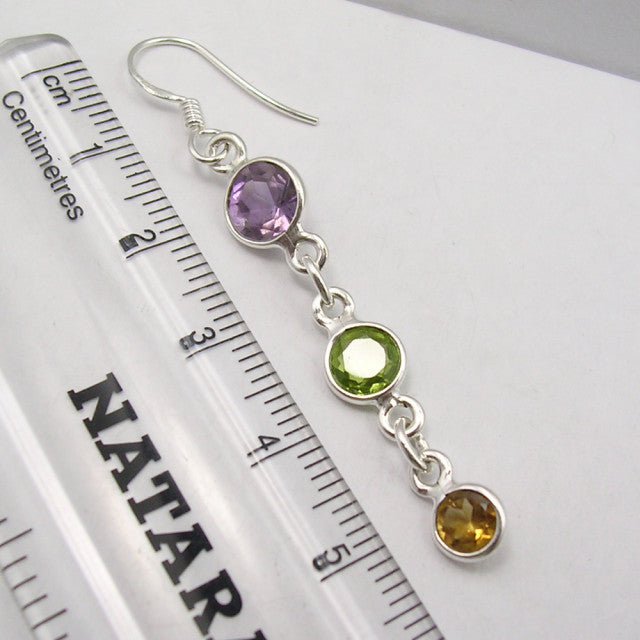 Cercei Argint 925 cu Ametist,Citrin si Peridot, 5.5 cm lungime
