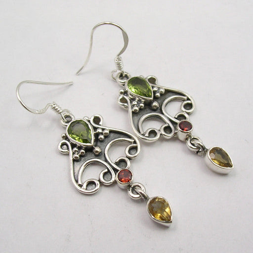 Cercei Argint 925 cu Citrin, Garnet si Peridot, 5.1 cm lungime