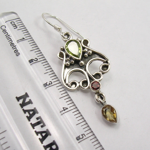 Cercei Argint 925 cu Citrin, Garnet si Peridot, 5.1 cm lungime