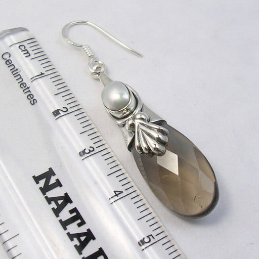 Cercei Argint 925 cu Cuart Fumuriu si Perla FreshWater, 5.4 cm lungime