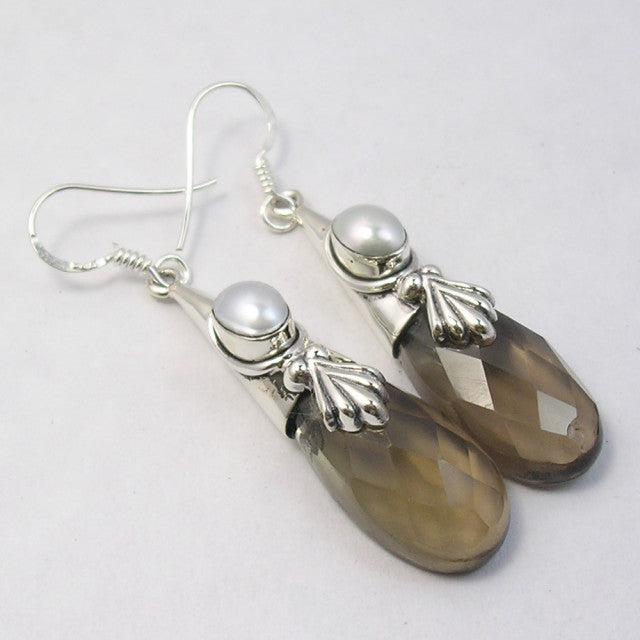 Cercei Argint 925 cu Cuart Fumuriu si Perla FreshWater, 5.4 cm lungime