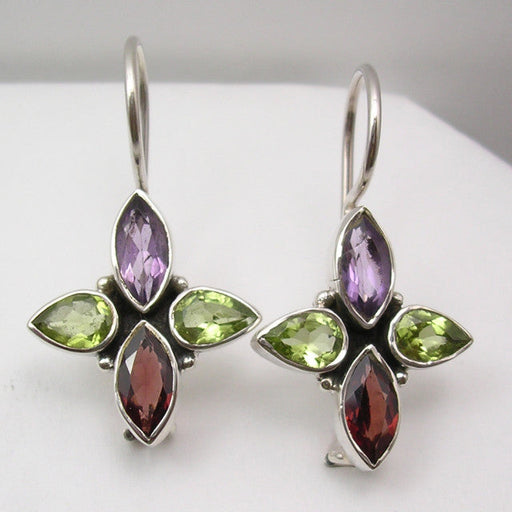 Cercei Argint 925 cu Peridot, Garnet si Ametist, 3 cm lungime