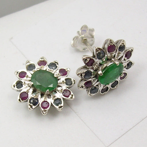 Cercei Argint 925 cu Smarald, Rubin si Safir, 1.4 cm lungime