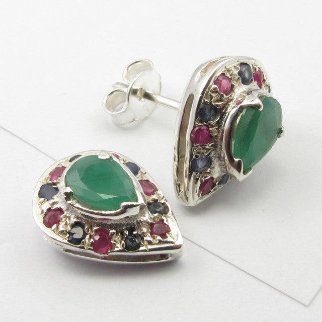 Cercei Argint 925 cu Smarald, Rubin și Safir 1.4 cm lungime