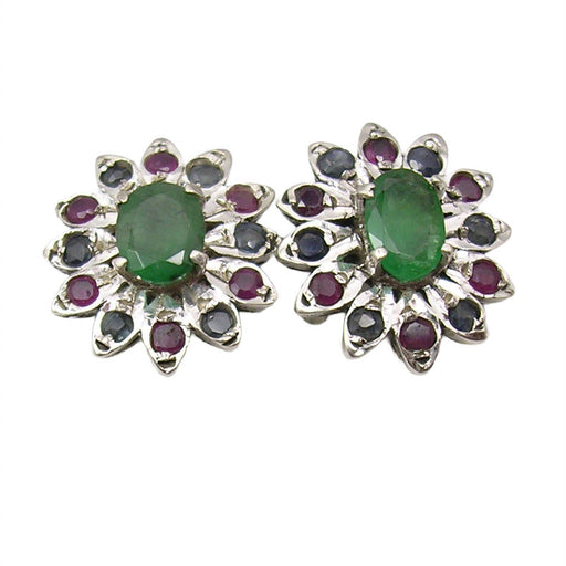 Cercei Argint 925 cu Smarald, Rubin si Safir, 1.4 cm lungime