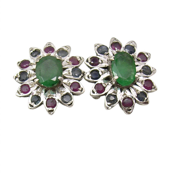 Cercei Argint 925 cu Smarald, Rubin si Safir, 1.4 cm lungime