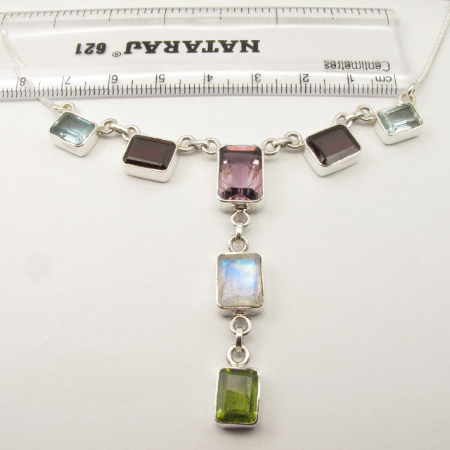 Colier Argint 925 cu Ametist, Garnet, Peridot, Piatra lunii si Topaz Albastru, 48.4 lungime